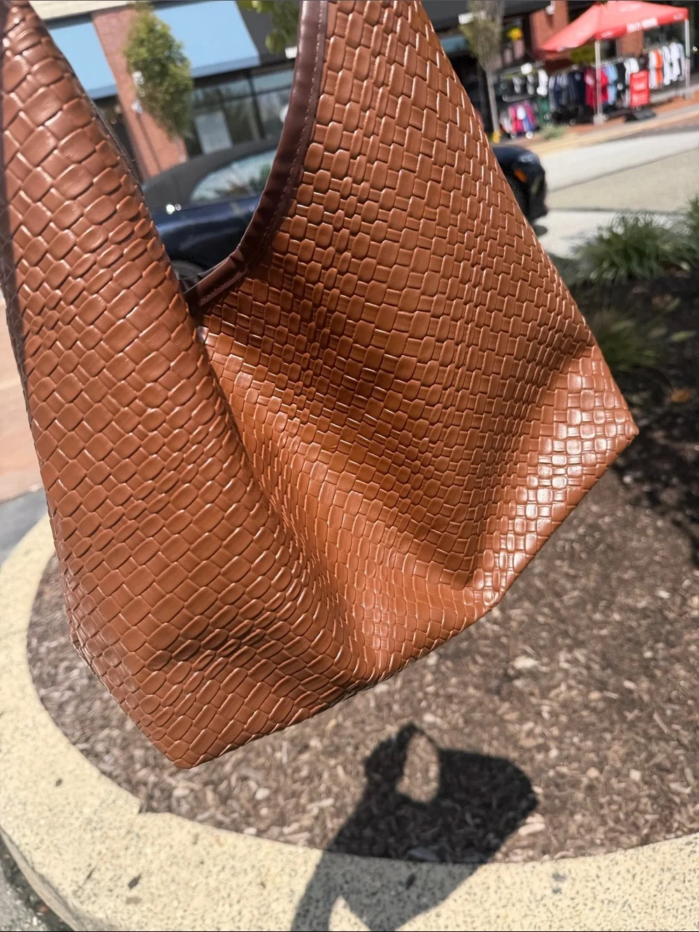 Boho Brown Woven-Texture Hobo Bag NEW Soft Buttery Yellow interior